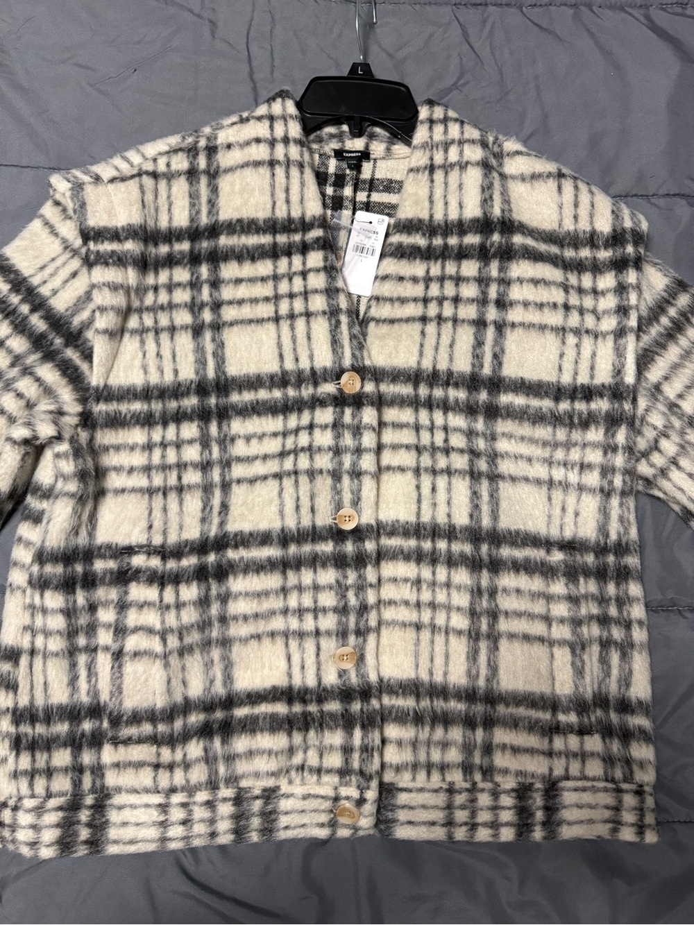 NWT Express Plaid Teddy Jacket - Cream & Gray